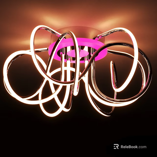 Modern Illuminated Ceiling Light with Curved Rings and Pink Center Design 3d model 