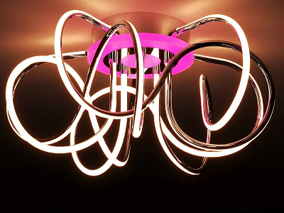 Modern Illuminated Ceiling Light with Curved Rings and Pink Center Design 3d model