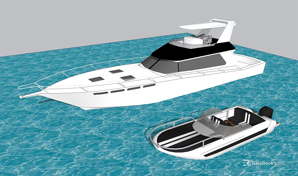 White Luxury Yacht Floating On Blue Water With Small Boat 3d model 