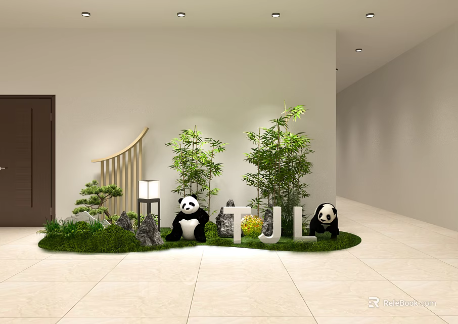 Charming Mini Garden Landscape with Panda Statues Green Plants Grass Stones and Lamp 3d model 