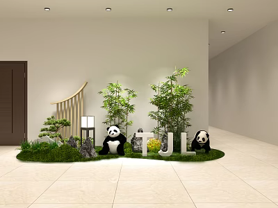 Charming Mini Garden Landscape with Panda Statues Green Plants Grass Stones and Lamp 3d model