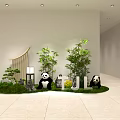 Charming Mini Garden Landscape with Panda Statues Green Plants Grass Stones and Lamp