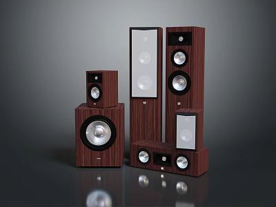 Wooden Computer Speakers With Various Sizes And Circular Drivers On Dark Surface 3d model