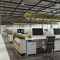 Modern Open Layout Public Office Space With Multiple Desks Computer Monitors And Hanging Greenery 3d model