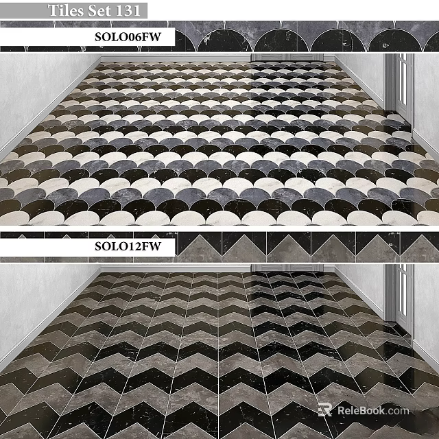 Stylish Geometric Floor Tiles With Scallop And Herringbone Patterns In Black White Gray 3d model 