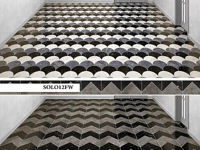 Stylish Geometric Floor Tiles With Scallop And Herringbone Patterns In Black White Gray 3d model