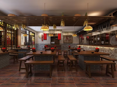 Traditional Restaurant Interior Featuring Wooden Furniture Hanging Lanterns Brick Walls And Wooden Ceiling 3d model