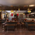 Traditional Restaurant Interior Featuring Wooden Furniture Hanging Lanterns Brick Walls And Wooden Ceiling