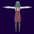 Woman in pink dress with green hair purple scarf arms outstretched against dark purple background