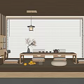 Serene Japanese Tea Room Interior With Wooden Long Table Floor Cushions And Hanging Lamp Blinds
