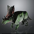Realistic Green Striped Dinosaur Model Standing With Colorful Head Ornamentation And Horns