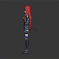 Red Haired Character In Armored Blue White Outfit With Arms Outstretched Holding Long Black Weapon
