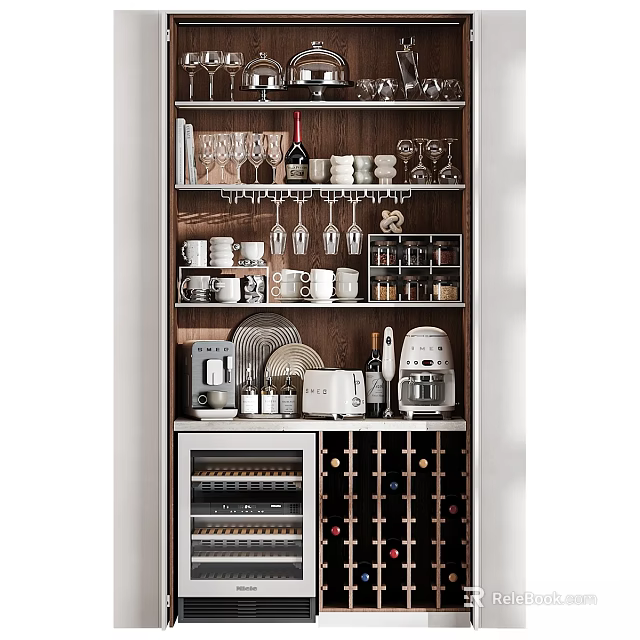 Organized Kitchen Cabinet with Wine Glasses Coffee Machine Toaster Blender Plates and Cups 3d model 