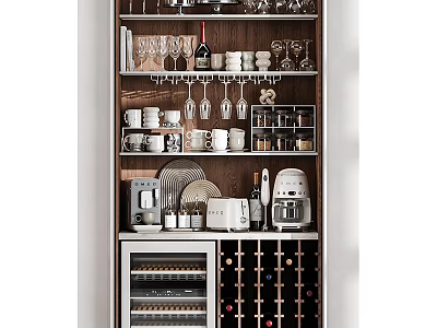 Organized Kitchen Cabinet with Wine Glasses Coffee Machine Toaster Blender Plates and Cups 3d model