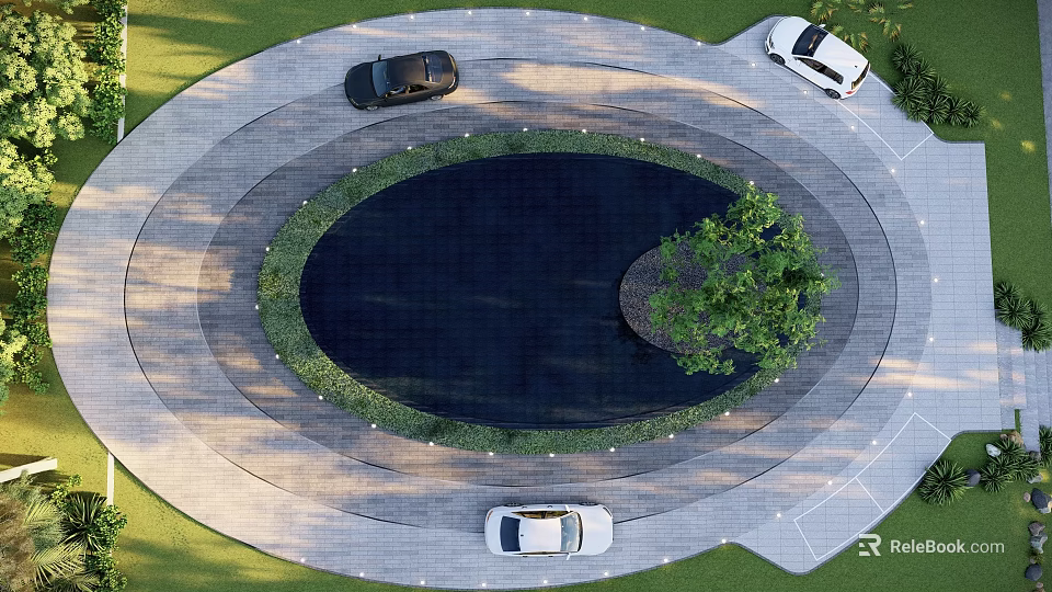 Elegant Circular Garden Water Feature Surrounded By Green Plants And Stone Pathways 3d model