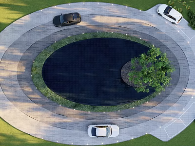 Elegant Circular Garden Water Feature Surrounded By Green Plants And Stone Pathways 3d model