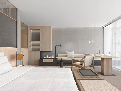 Modern Hotel Room Interior With Wooden Furniture Gray Walls Sofa And Floor to Ceiling Windows 3d model