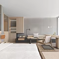 Modern Hotel Room Interior With Wooden Furniture Gray Walls Sofa And Floor to Ceiling Windows