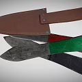 Vintage Knives With Colored Handles And Metal Blades Near Leather Sheath