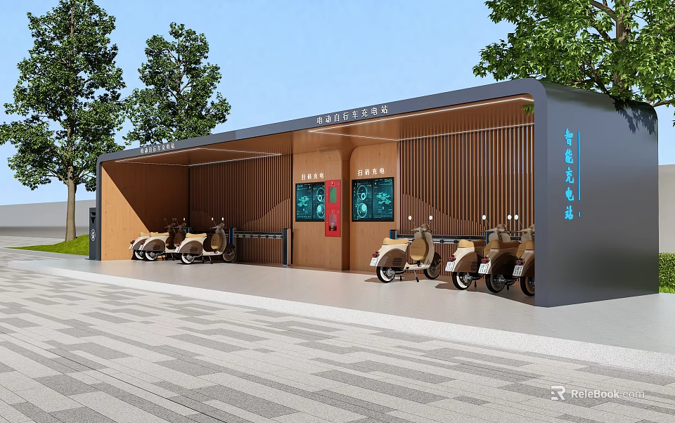 Public Electric Scooter Charging Facility With Wooden Structure Canopy And Digital Screens 3d model 