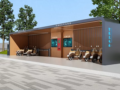 Public Electric Scooter Charging Facility With Wooden Structure Canopy And Digital Screens 3d model
