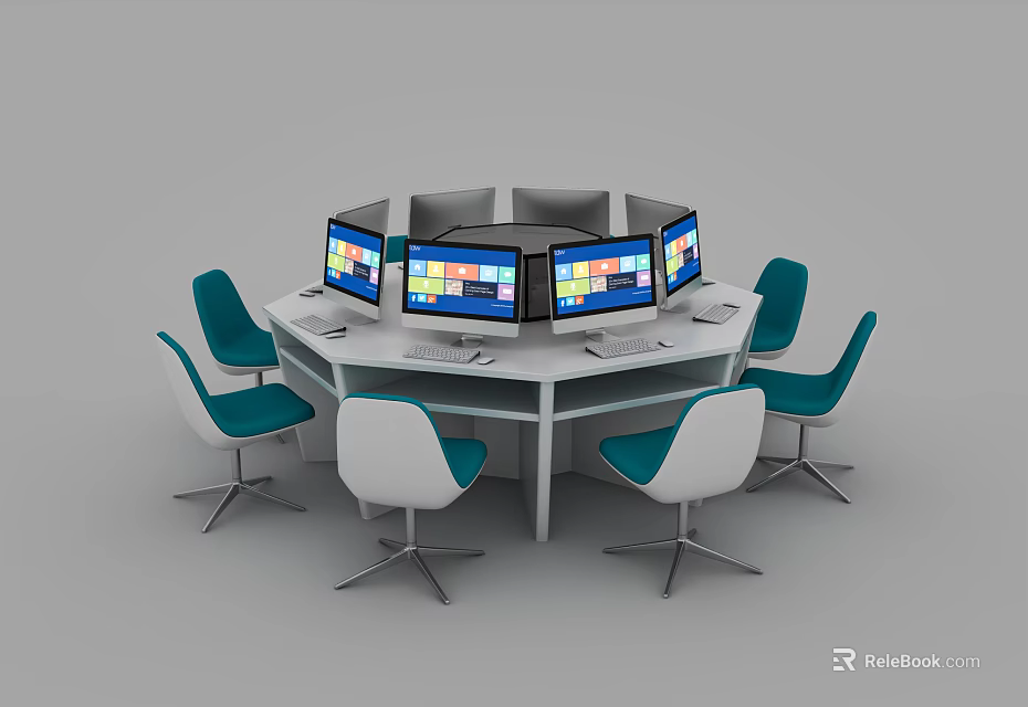 Circular Office Desk with Multiple Colorful Monitors and Ergonomic Chairs for Collaborative Work Setup 3d model 