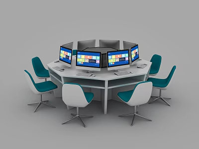 Circular Office Desk with Multiple Colorful Monitors and Ergonomic Chairs for Collaborative Work Setup 3d model