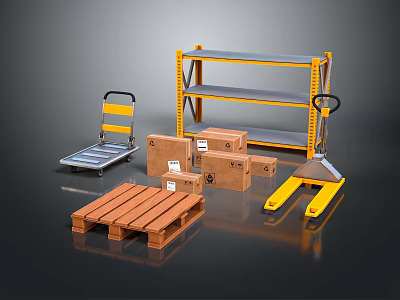 Industrial Storage Rack With Hand Truck Wooden Pallet And Cardboard Boxes 3d model