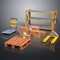 Industrial Storage Rack With Hand Truck Wooden Pallet And Cardboard Boxes