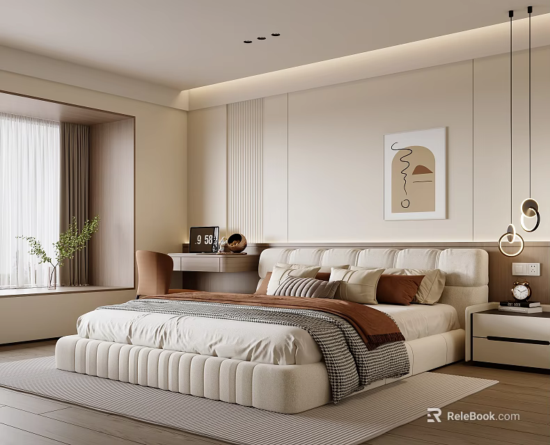 Modern Warm Bedroom Interior Design with Plush Bed Headboard Pillows Blanket Window Curtains and Artwork 3d model 