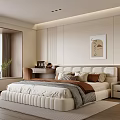Modern Warm Bedroom Interior Design with Plush Bed Headboard Pillows Blanket Window Curtains and Artwork