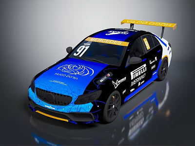Blue and Black Racing Car with Number 91 Yellow Rear Wing Sponsor Logos 3d model