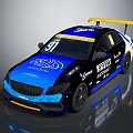 Blue and Black Racing Car with Number 91 Yellow Rear Wing Sponsor Logos