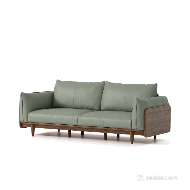 Modern Light Green Leather Three Seater Sofa With Wooden Armrests And Legs 3d model 