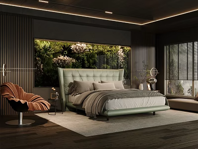 Modern Bedroom With Green Tufted Double Bed Brown Accent Chair And Greenery Backdrop 3d model