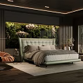 Modern Bedroom With Green Tufted Double Bed Brown Accent Chair And Greenery Backdrop