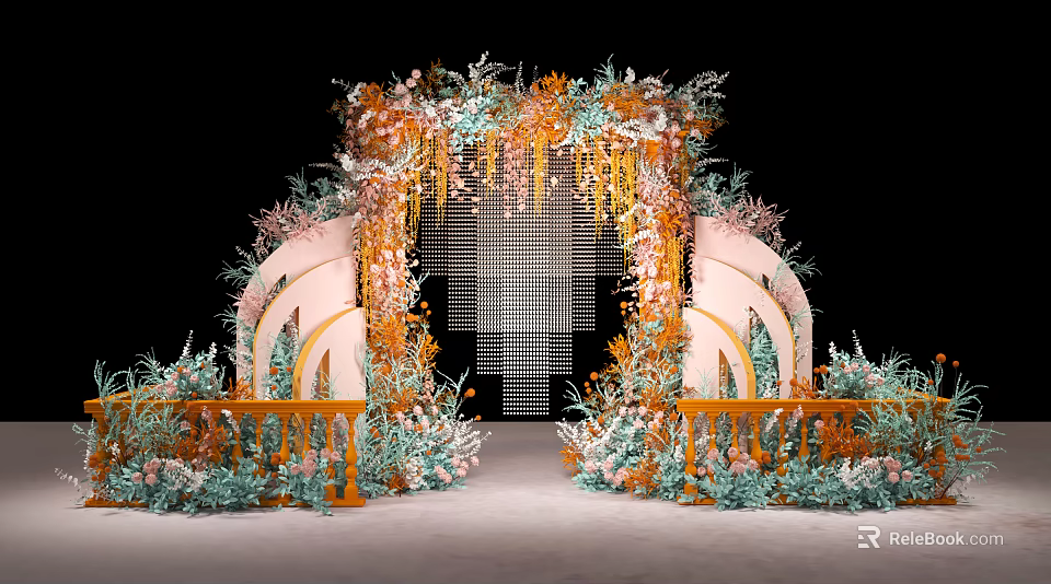 Wedding Photo Spot With Elaborate Flower Arch Orange Pink Green Decor Railings And Grid Background 3d model 