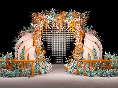 Wedding Photo Spot With Elaborate Flower Arch Orange Pink Green Decor Railings And Grid Background 3d model