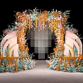Wedding Photo Spot With Elaborate Flower Arch Orange Pink Green Decor Railings And Grid Background