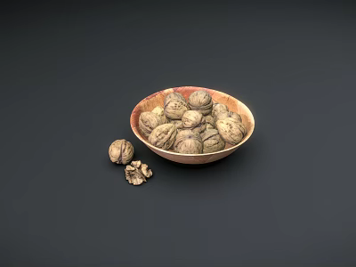 Whole Walnuts in Shell Served in Textured Wooden Bowl with Scattered Nuts on Dark Background 3d model
