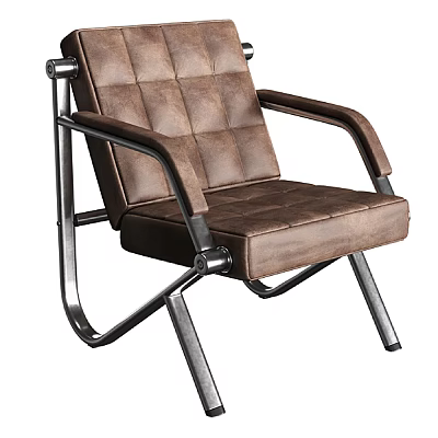 Modern Brown Leather Leisure Chair With Diamond Stitching And Metal Armrests Frame 3d model