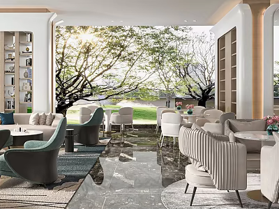 Modern Open Leisure Area With Sofas Chairs Green Plants Large Windows And Marble Flooring 3d model