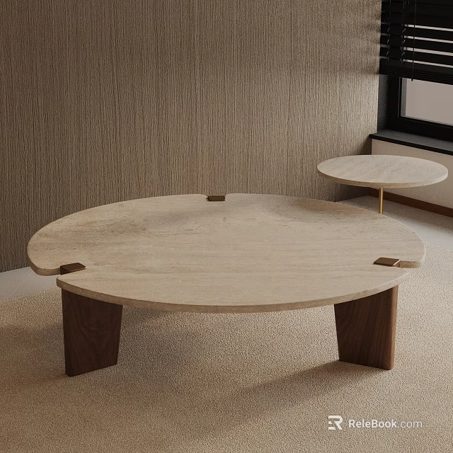 Sofa Coffee Table Set With Round Light Stone Top Walnut Legs And Small Side Table 3d model