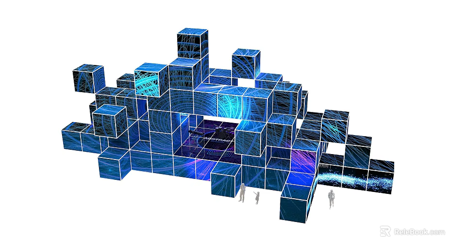 Interactive Art Installation Featuring Stacked Blue Purple Cubes With Light Shadow Effects And Human Figures 3d model 