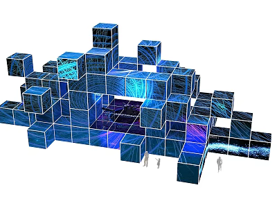 Interactive Art Installation Featuring Stacked Blue Purple Cubes With Light Shadow Effects And Human Figures 3d model