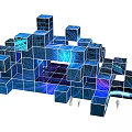 Interactive Art Installation Featuring Stacked Blue Purple Cubes With Light Shadow Effects And Human Figures 3d model