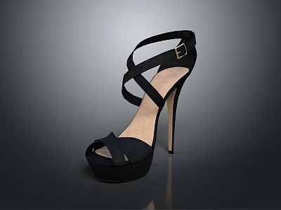 Stylish Black High Heel Shoes With Crisscross Straps And Platform Sole 3d model