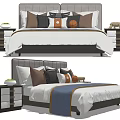 Modern Double Bed With Upholstered Headboard White Sheets Decorative Pillows And Nightstands 3d model