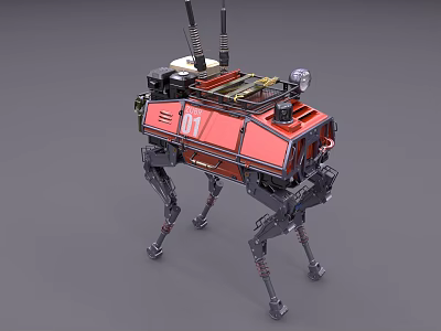 Red Mechanical Four Legged Robot With Antennas Light And Equipment 3d model