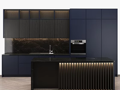 Modern Dark Kitchen Cabinets Featuring Marble Countertop Striped Island And Oven 3d model